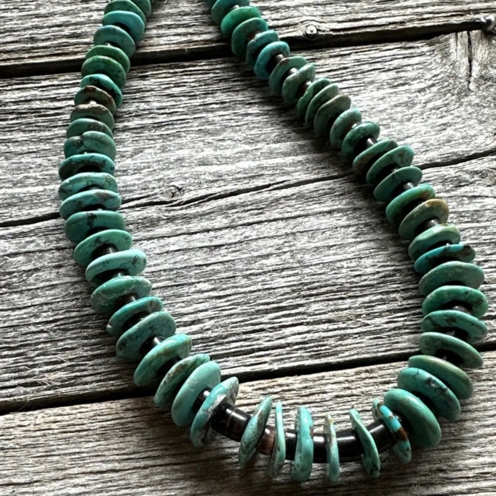 Sterling Silver Graduated Turquoise Heishi Bead Necklace 20 Inch - Picture 7 of 12